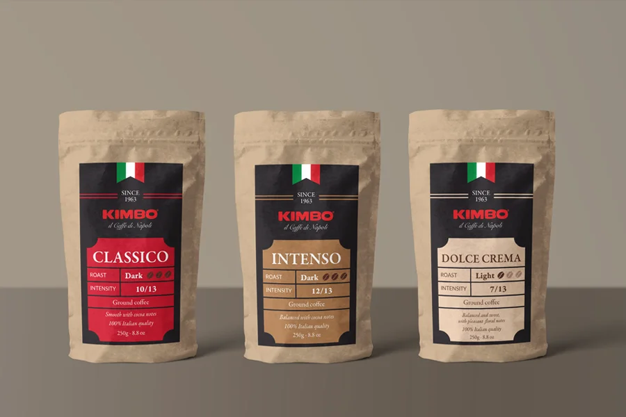 Three Kimbo coffee packaging labels